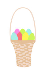 Picnic basket with eggs. Easter wicker picnic basket with colorful eggs. Holiday vector illustration.
