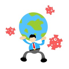 businessman worker World earth globe and virus corona disease cartoon doodle flat design style vector illustration