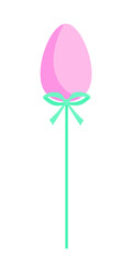 Vector Easter egg decor. Pink Easter egg on stick with bow isolated on white background. Flat style April holiday decor.