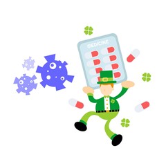leprechaun shamrock celtic cure medicine corona virus pathogen cartoon doodle flat design style vector illustration