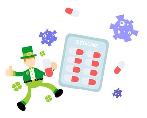 leprechaun shamrock celtic cure medicine corona virus pathogen cartoon doodle flat design style vector illustration