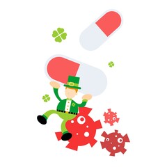 leprechaun shamrock celtic cure medicine corona virus pathogen cartoon doodle flat design style vector illustration