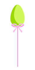 Vector Easter egg decor. Green Easter egg on stick with bow isolated on white background. Flat style April holiday decor.