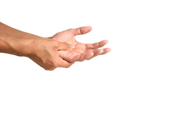 Young man touching his injured wrist on white background, withe clipping paths.