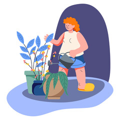 The girl smiles and watering houseplants in pots. Indoor hobby.  Minimalistic flat style cute illustration. Isolated