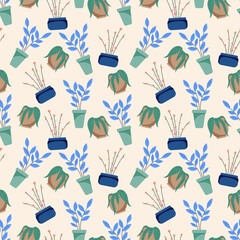 Green flowering houseplants in pots. Seamless background with pattern.