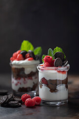 Close up of yogurt with chocolate chip cookies and raspberries in two jars front view on a dark background with copy space. Vegetarian healthy food concept. High quality photo