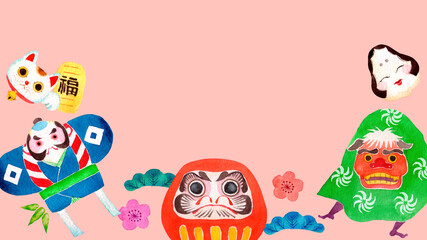 正月 縁起物　背景 フレーム　水彩 イラスト 横長