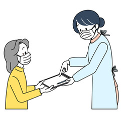 看護師から説明を受ける高齢女性（マスク）