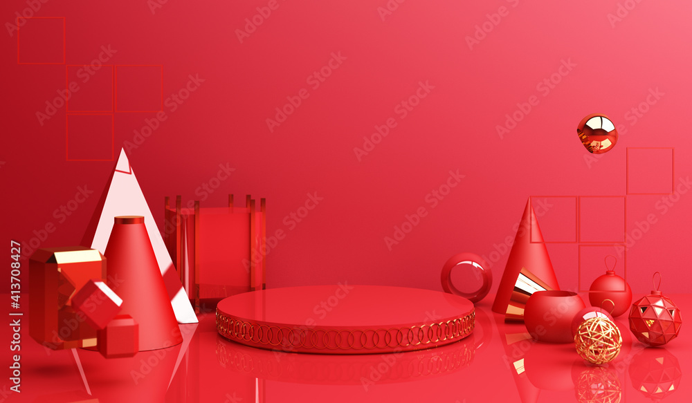 Poster chinese new year, golden podium display mockup on red abstract background with geometric shape produ