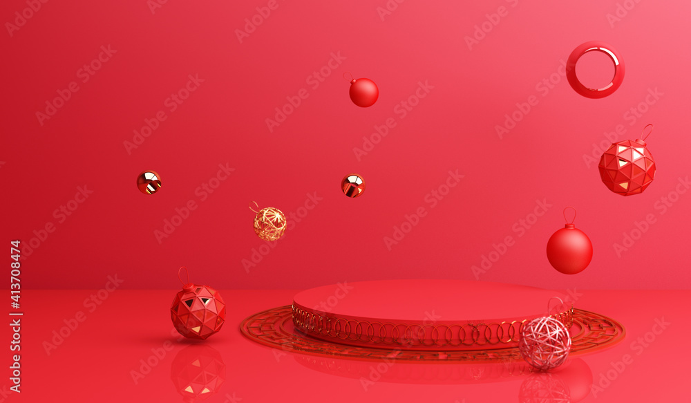Poster chinese new year, golden podium display mockup on red abstract background with geometric shape produ