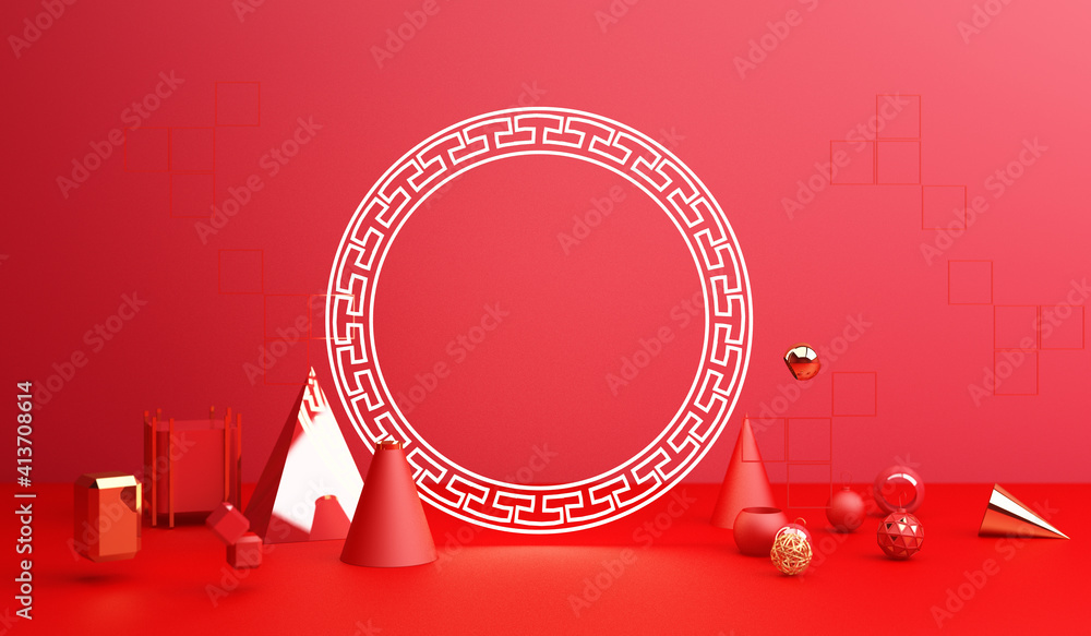 Poster chinese new year, golden podium display mockup on red abstract background with geometric shape produ