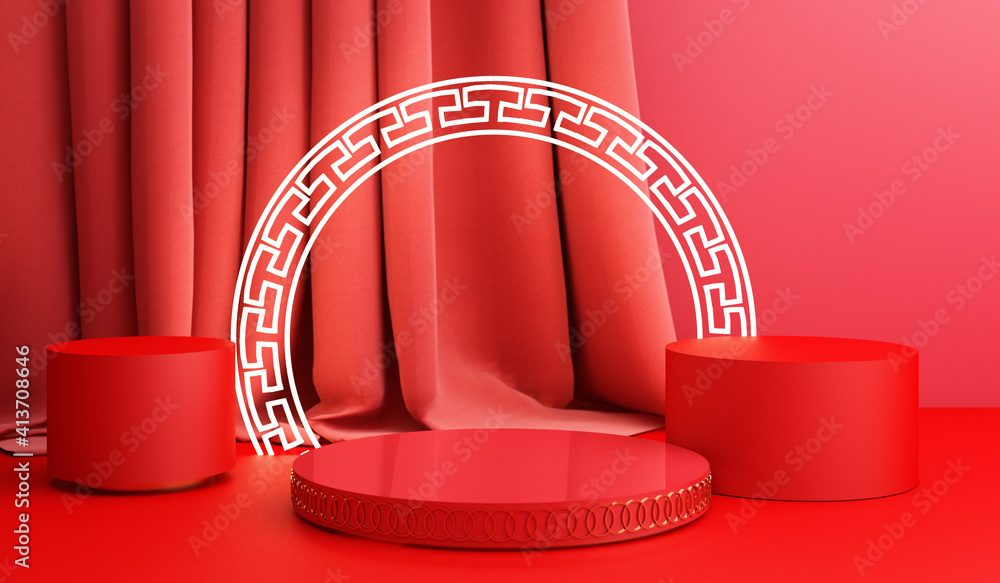 Poster chinese new year, golden podium display mockup on red abstract background with geometric shape and c