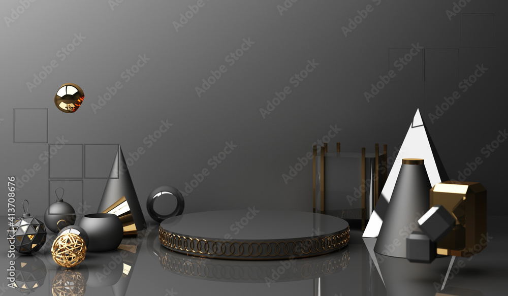 Poster golden podium display mockup on black abstract background with geometric shape product minimal china
