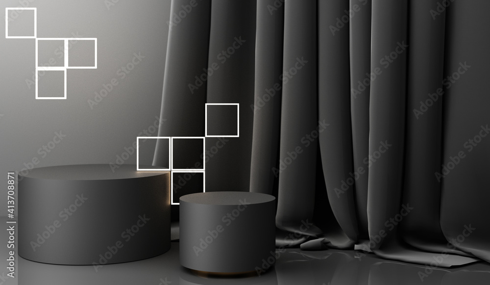 Poster golden podium display mockup on black abstract background with geometric shape and curtain product m