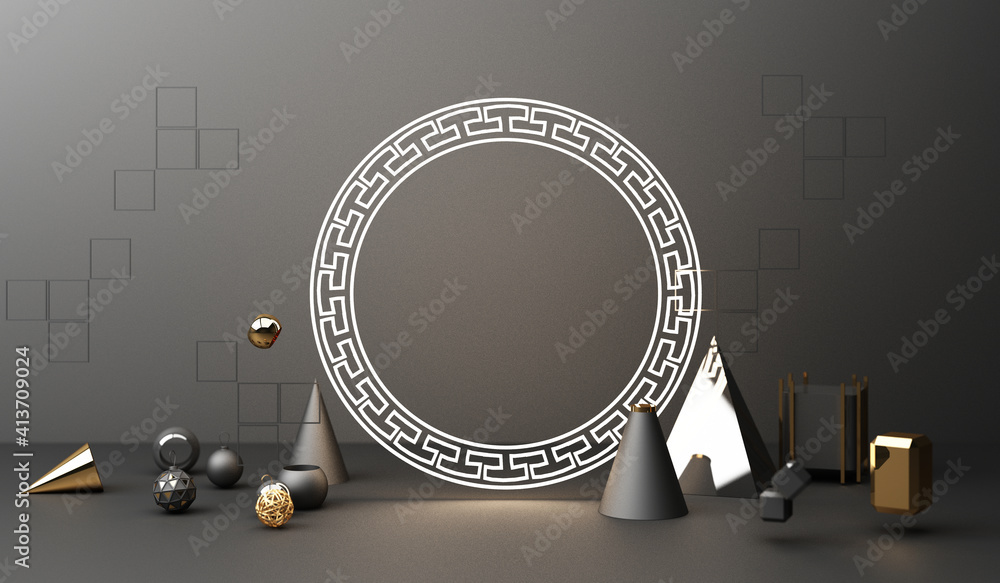 Poster golden podium display mockup on black abstract background with geometric shape product minimal china