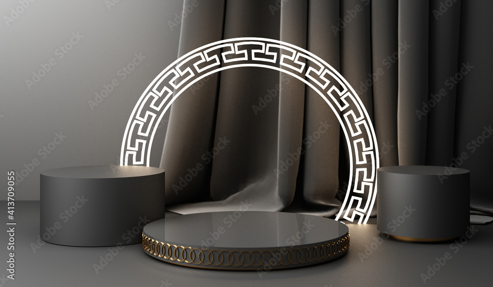 Poster golden podium display mockup on black abstract background with geometric shape and curtain product m