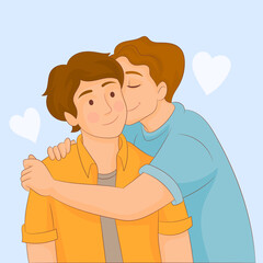 A boy hugs another and gives him a love kiss 