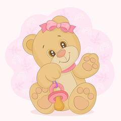 A playful bear is holding a pink pacifier