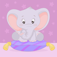 Little baby elephant sitting on a fluffy pillow 