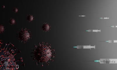 3D render of the Coronavirus and syringes with a needles. Medical concept of outbreak of life-threatening Covid-19 virus.Illustration of a digital image for medicine.	
