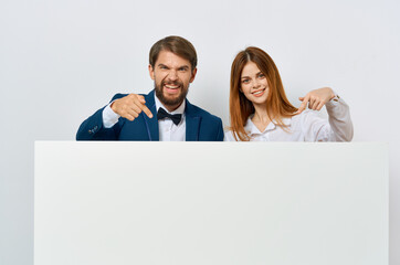 man and woman emotions presentation white communication officials mockup poster