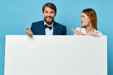 man and woman white banner isolated background presentation communication advertising