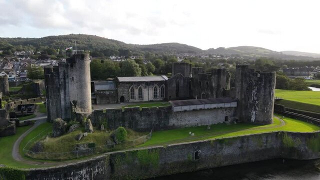 Caerphilly town and castle aerial panorama, landmark of South Wales