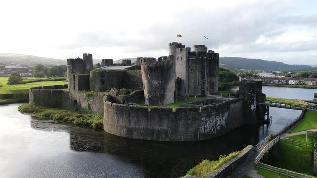 Ruins of medieval castle in Caerphilly in South Wales on summer day