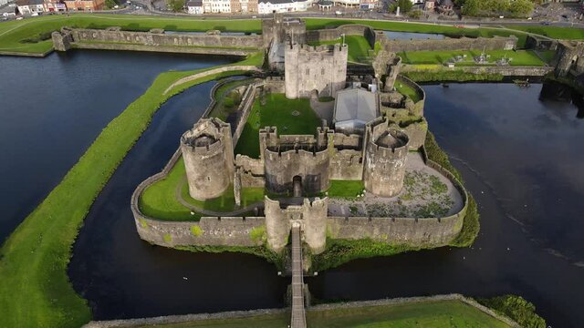 Welsh medieval architecture Caerphilly Castle, United Kingdom, aerial view