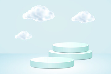 Blue 3d rendering vector background with podium and minimal blue summer stage with leaves stage background 3d rendering of clouds and clouds in the background.