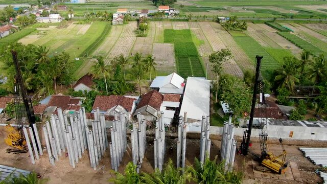 Monorail construction site drilling bore pile foundation, Java, Indonesia, aerial