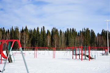 Winter park, Swing and slide with snow in Fairbanks, Alaska. background - 冬の公園 雪景色 滑り台 ブランコ フェアバンクス アラスカ