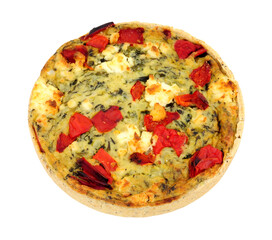 Spinach and red pepper quiche with feta cheese isolated on a white background