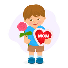 A boy with gifts for his mom on mothers day 