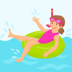Girl on float with snorkels floating in the water 