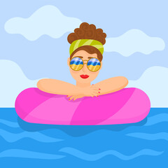 A girl in sunglasses floating on a life preserver 