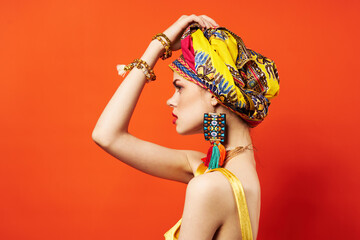 attractive woman oriental style head turban decoration ethnicity - obrazy, fototapety, plakaty