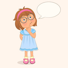 A girl with an expression of doubt is thinking next to a text bubble 