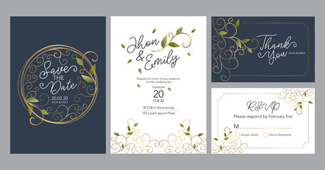 Fototapeta na wymiar Elegant watercolor wedding invitation card with greenery leaves 