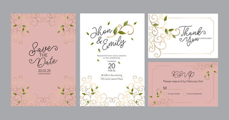 Elegant watercolor wedding invitation card with greenery leaves	
