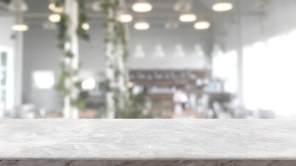 Empty white marble stone table top and blur glass window interior cafe and restaurant banner mock...