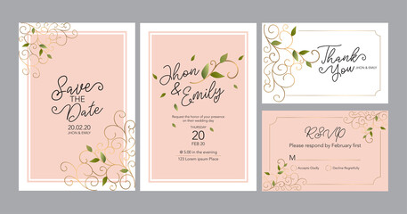 Fototapeta na wymiar Elegant watercolor wedding invitation card with greenery leaves 
