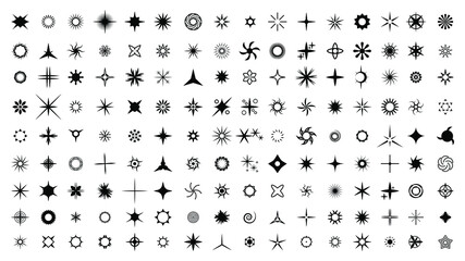 Fototapeta na wymiar Big Set Black Collection Star Icons Sparkles Vector Symbols Shine Elements