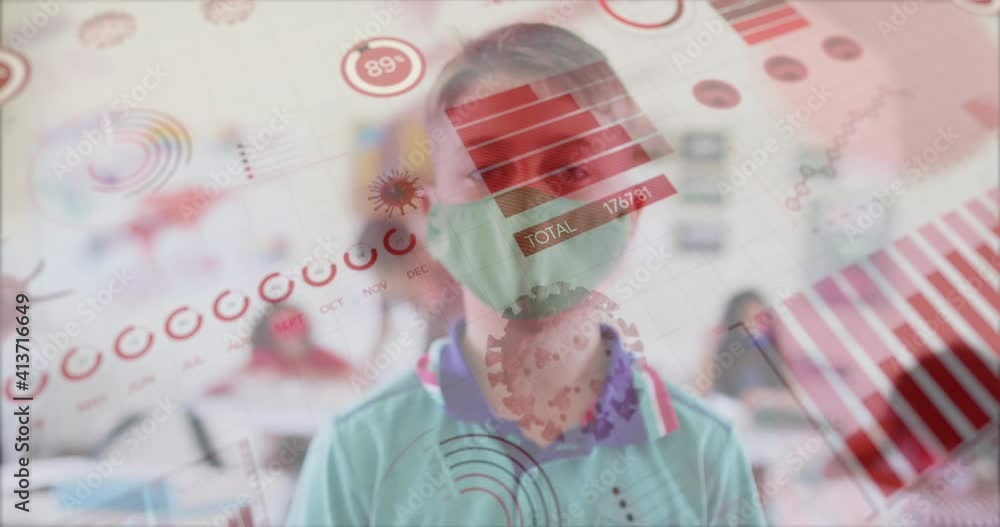 Poster animation of digital interface showing statistics with schoolboy in class wearing face mask