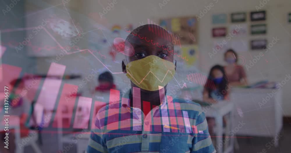 Poster animation of digital interface showing statistics with schoolboy in classroom wearing face mask
