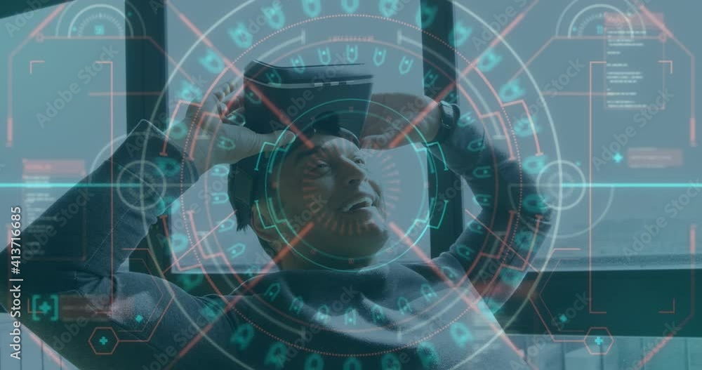 Poster animation of data processing and scope scanning over smiling man wearing vr headset