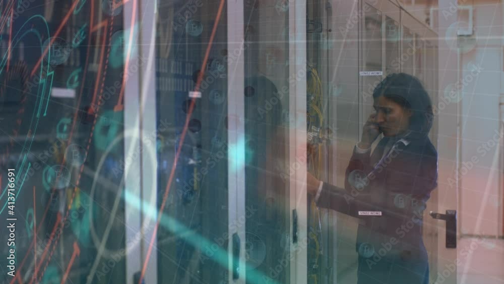 Poster Animation of scope scanning and financial data processing over woman checking computer servers
