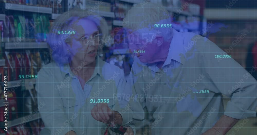 Poster animation of numbers changing and financial data processing over senior couple shopping