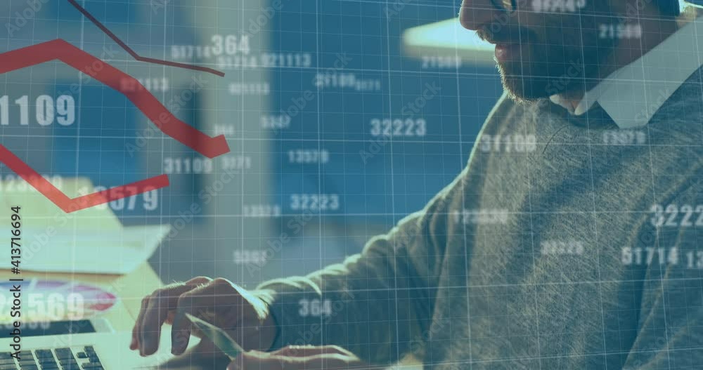 Poster animation of numbers changing and red lines moving over man paying online using laptop